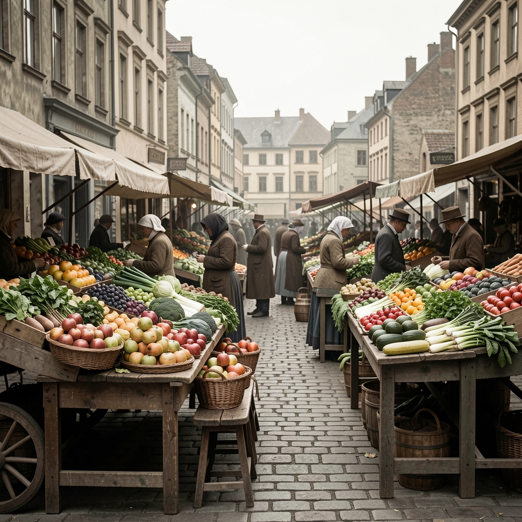 Svartvitt foto av en gammal marknadsplats med frukt och grönsaker utspridda på träbord, tidigt 1900-tal atmosfär