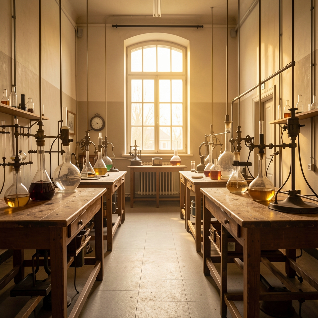 Gammalt vetenskapligt laboratorium med träbänkar, glaskolvar och antika instrument i varmt gult ljus från ett högt fönster