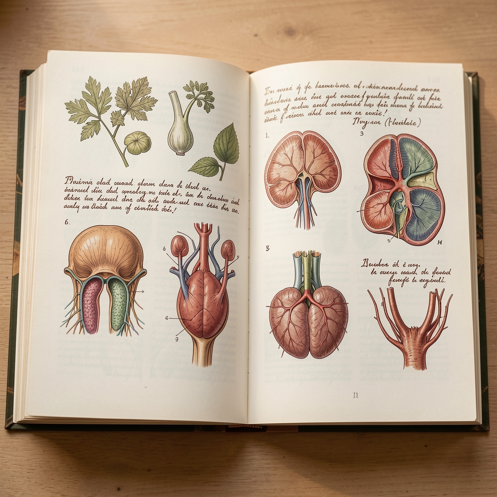 Närbild på uppslagna sidor i en botanisk bok med anatomiska illustrationer och handskrivna anteckningar i brunt bläck